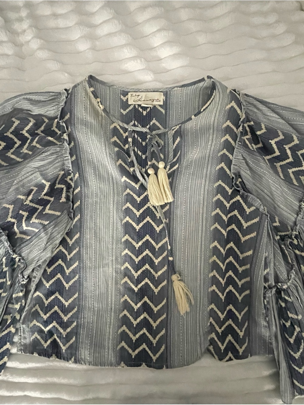 Vintage Havana Blue and Cream Chevron Peasant Top